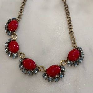 Stella and Dot red statement necklace.rhinestone.Gold tone